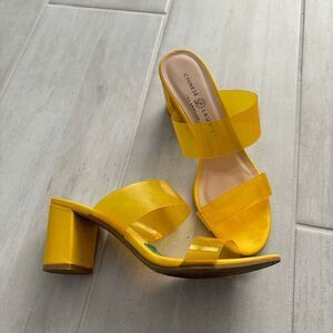 Chinese Laundry Women's Heeled Sandal Yellow Vinyl Straps Open Toe Chunky Heel